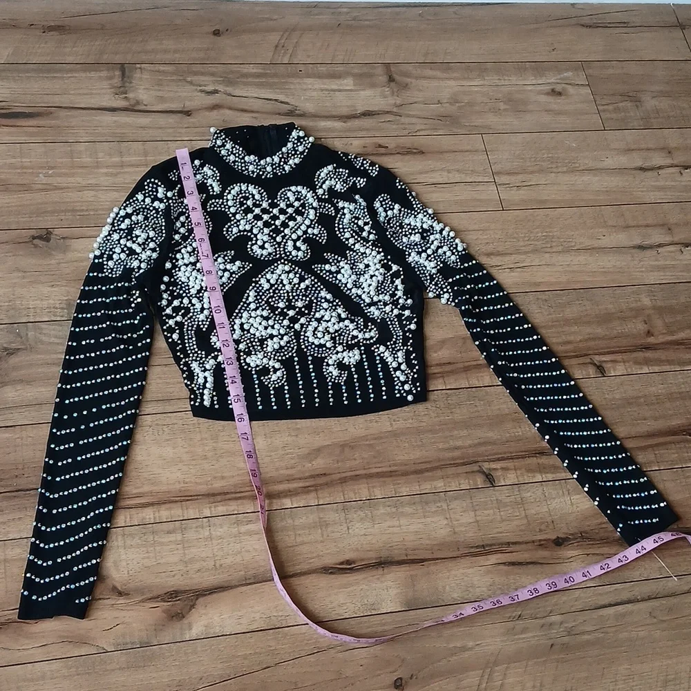 Banjul Black Beaded Long-Sleeve Crop Sheer Cocktail Mock Neck Top. Size M - Picture 17 of 17